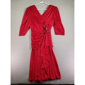 Vintage‎ My Fashion Dress Womens Small Red Sequins Ruched Bodycon Pleated V-Neck